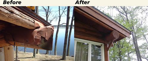Any crown (corner) or perlin that extends beyond the drip line of the roof should be trimmed and refinished to help prevent rot.